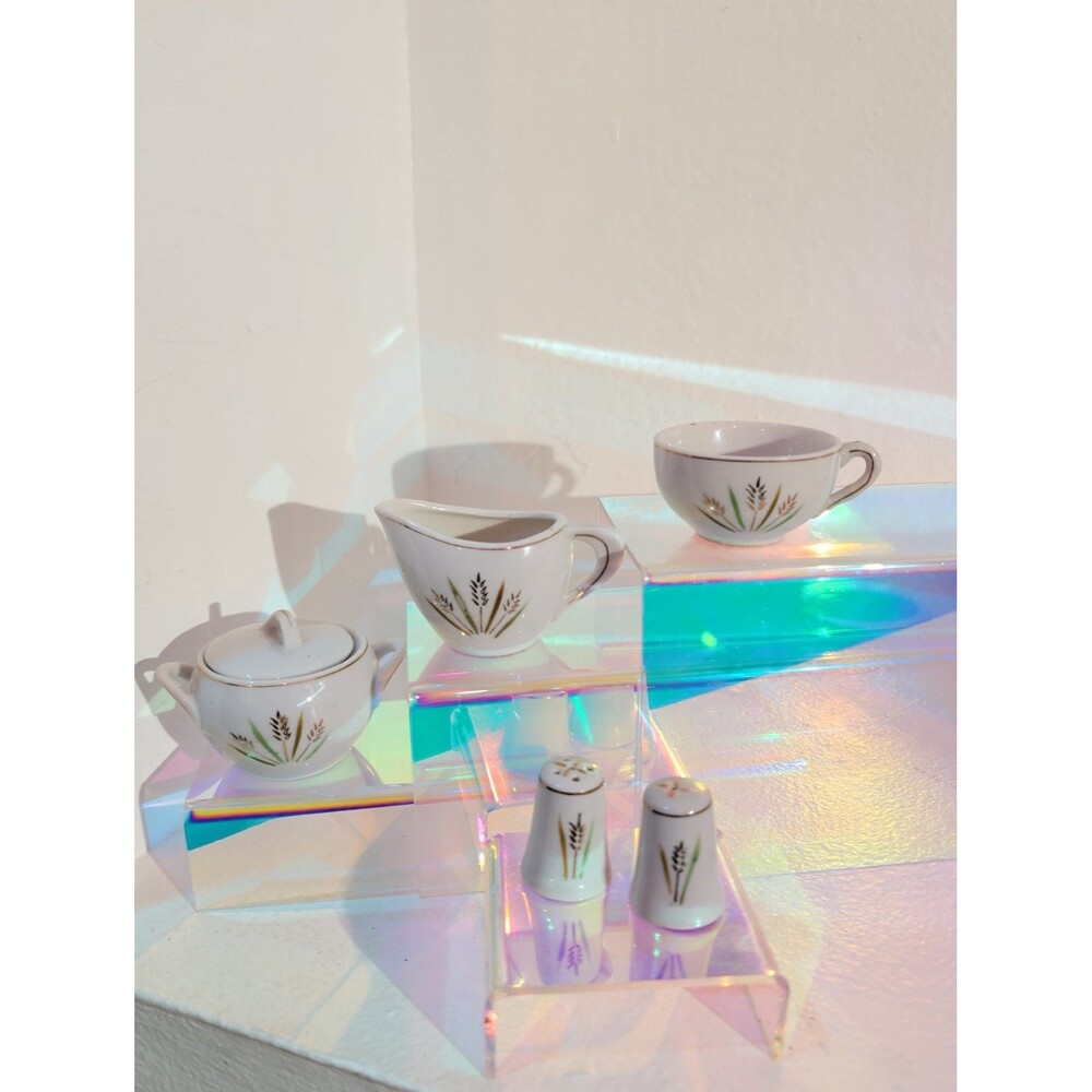 Vintage Japan Porcelain Wheat Tea Set Creamer Sugar Cup Salt Pepper Gold Trim